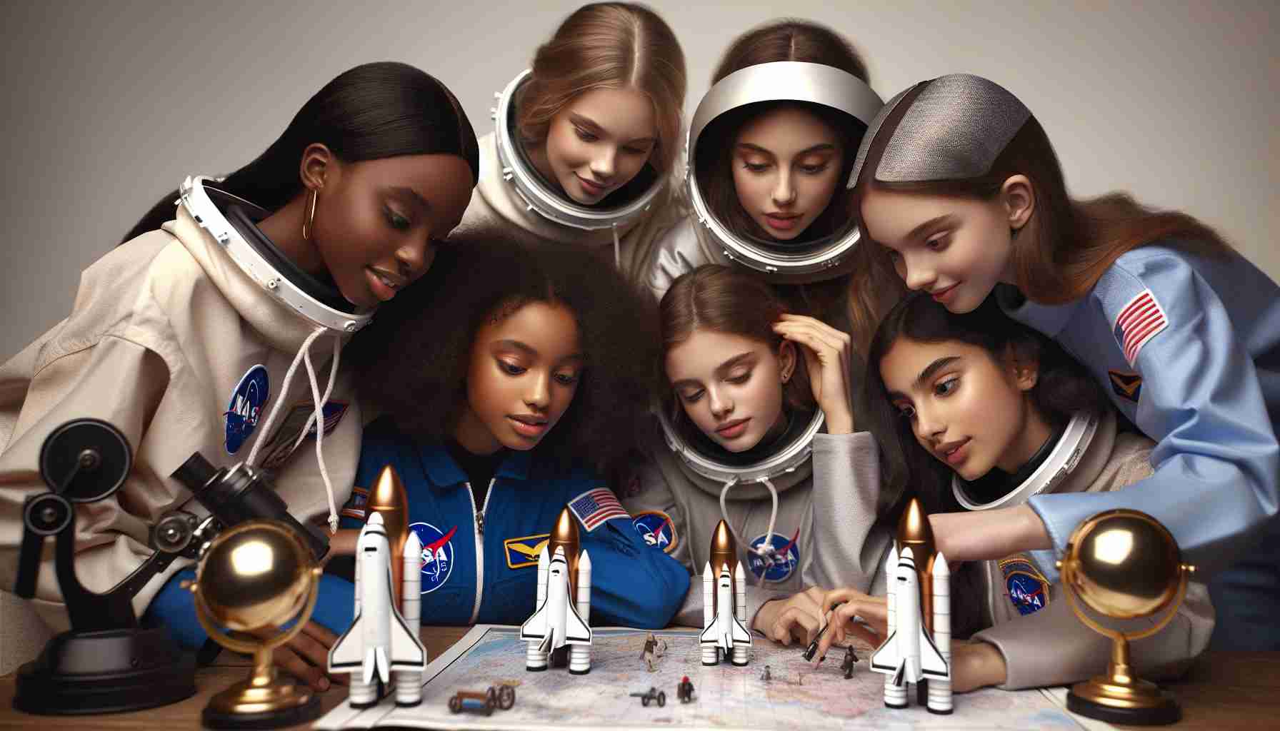 A high-definition, realistic image of girls from different desecents: Caucasian, Black, Hispanic, Middle-Eastern, and South Asian, engaging in space exploration activities. They are all dressed in NASA-style spacesuits, eagerly peering at a star map, working on a miniature rocket model, or using a telescope to gaze at the stars. The expression on their faces simultaneously conveys concentration, curiosity, and joy, illustrating their empowerment and passion for space exploration.