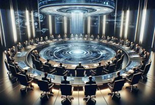 A detailed and realistic high-definition image showcasing the unification of two major futuristic tech entities, one known for revolutionizing satellite internet technology and the other, for its prowess in modern telephony and data services. The scene should depict a grand meeting room lit with sleek, modern lighting, hosting a roundtable discussion with members from both sides. These tech professionals, including men of Hispanic descent and women of Middle Eastern descent, are actively discussing strategies and laying down action plans on a table full of futuristic gadgets and blueprints.