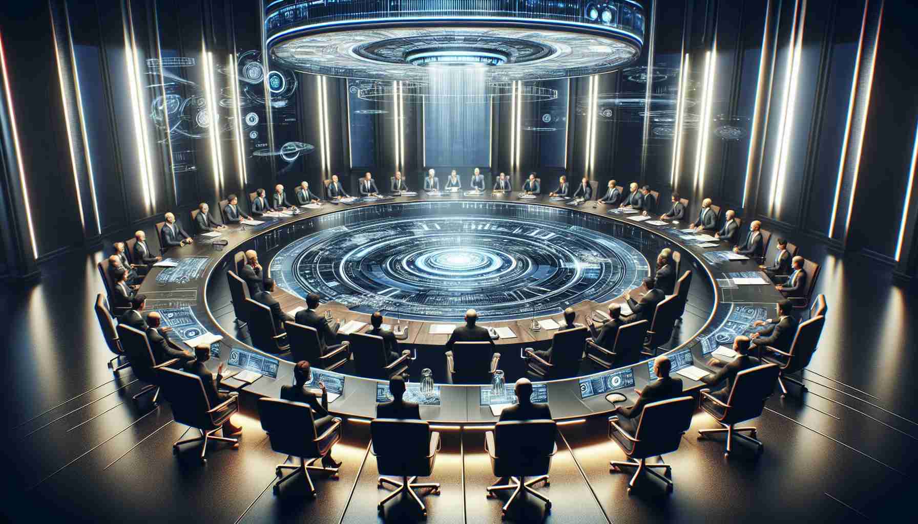 A detailed and realistic high-definition image showcasing the unification of two major futuristic tech entities, one known for revolutionizing satellite internet technology and the other, for its prowess in modern telephony and data services. The scene should depict a grand meeting room lit with sleek, modern lighting, hosting a roundtable discussion with members from both sides. These tech professionals, including men of Hispanic descent and women of Middle Eastern descent, are actively discussing strategies and laying down action plans on a table full of futuristic gadgets and blueprints.