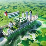 Create a high-definition, photorealistic image showing a marine study revealing the increasing concerns over the abundance of algal blooms densely covering the surface of the water in Florida. The scene showcases scientists in white lab coats examining water samples with microscopes on a boat drifting in the waters filled with vibrant green algal blooms. A large banner with the text 'Study Reveals Growing Concern Over Algal Blooms in Florida Waters' is displayed on the boat.