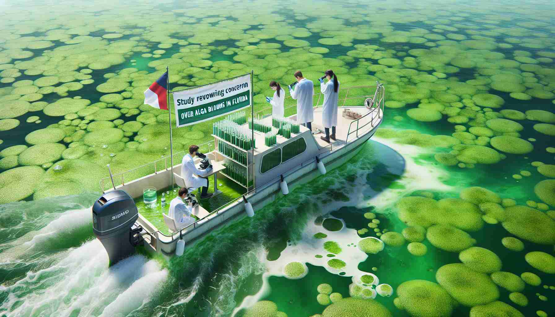 Create a high-definition, photorealistic image showing a marine study revealing the increasing concerns over the abundance of algal blooms densely covering the surface of the water in Florida. The scene showcases scientists in white lab coats examining water samples with microscopes on a boat drifting in the waters filled with vibrant green algal blooms. A large banner with the text 'Study Reveals Growing Concern Over Algal Blooms in Florida Waters' is displayed on the boat.