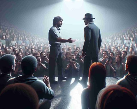 High-definition, realistic scene depicting an unexpected confrontation between two popular figures from the world of entertainment, observed by a captivated audience. Avoid any focus on specific figures; the individuals depicted should be left ambiguous but convey an air of celebrity through their clothing, posture and the reaction of the crowd surrounding them.