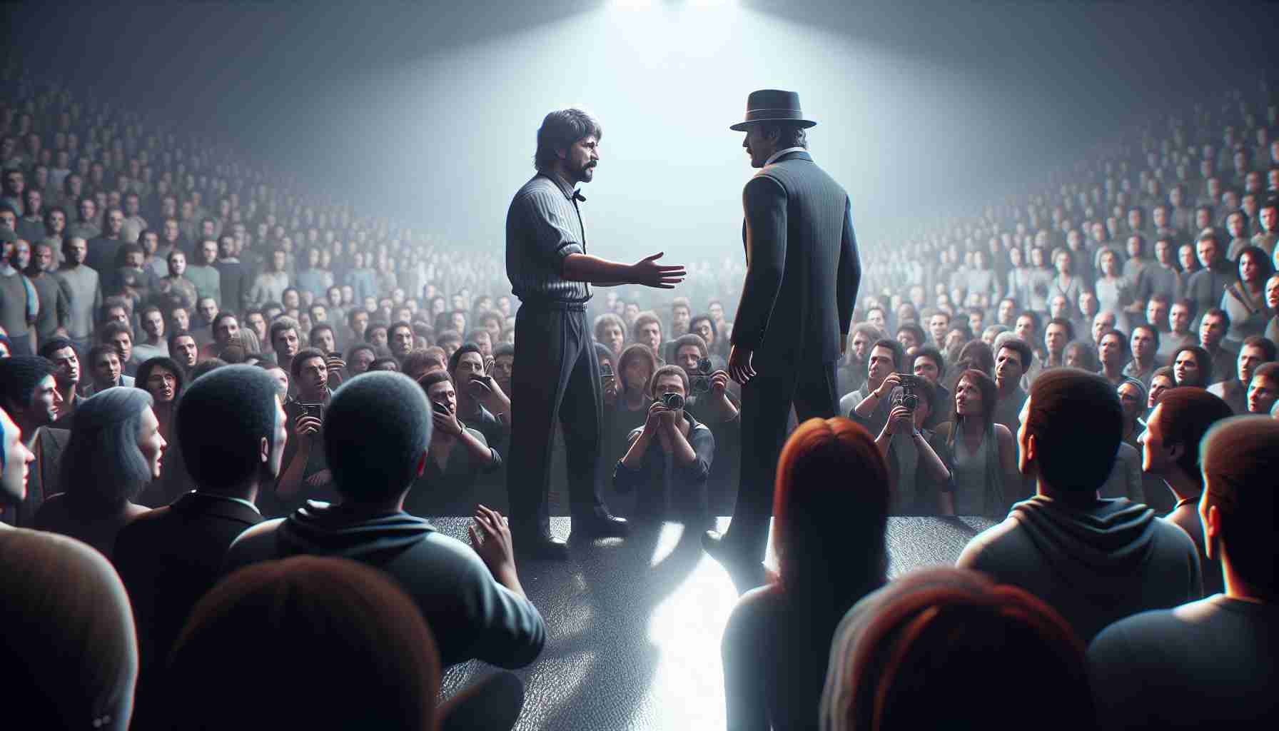 High-definition, realistic scene depicting an unexpected confrontation between two popular figures from the world of entertainment, observed by a captivated audience. Avoid any focus on specific figures; the individuals depicted should be left ambiguous but convey an air of celebrity through their clothing, posture and the reaction of the crowd surrounding them.