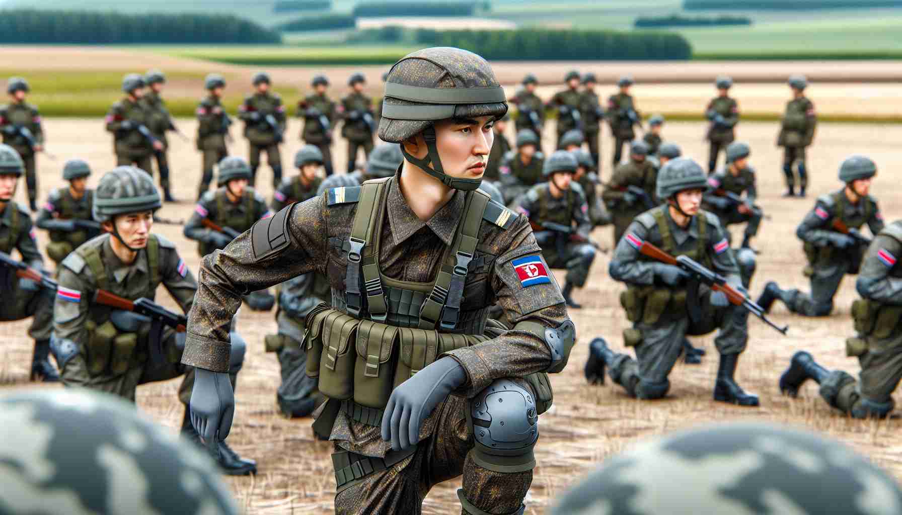 Realistic HD image of soldiers wearing North Korean military uniforms, deployed in a Russian landscape for joint military training. The image captures various activities such as strategic planning, drills practice, and physical training exercises. The soldiers should appear focused, disciplined, and ready for action. Variety in their ethnicity and gender reflects a contemporary military setting.