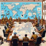 Detailed high-definition illustration of a hypothetical military strategy, suggesting a surprising approach. Please depict a war room with maps, figurines, and tools of strategy. Include military officials observing and discussing the strategy, but avoid identifying details about the nation or individuals involved.