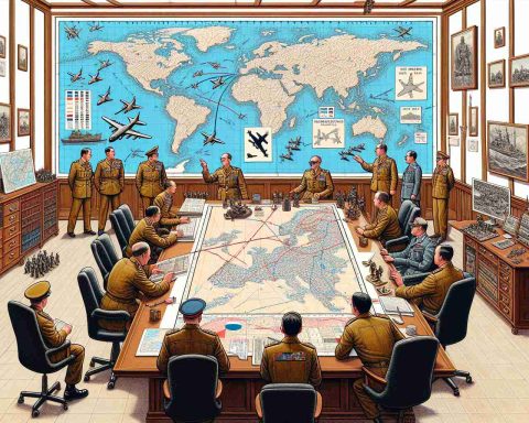 Detailed high-definition illustration of a hypothetical military strategy, suggesting a surprising approach. Please depict a war room with maps, figurines, and tools of strategy. Include military officials observing and discussing the strategy, but avoid identifying details about the nation or individuals involved.