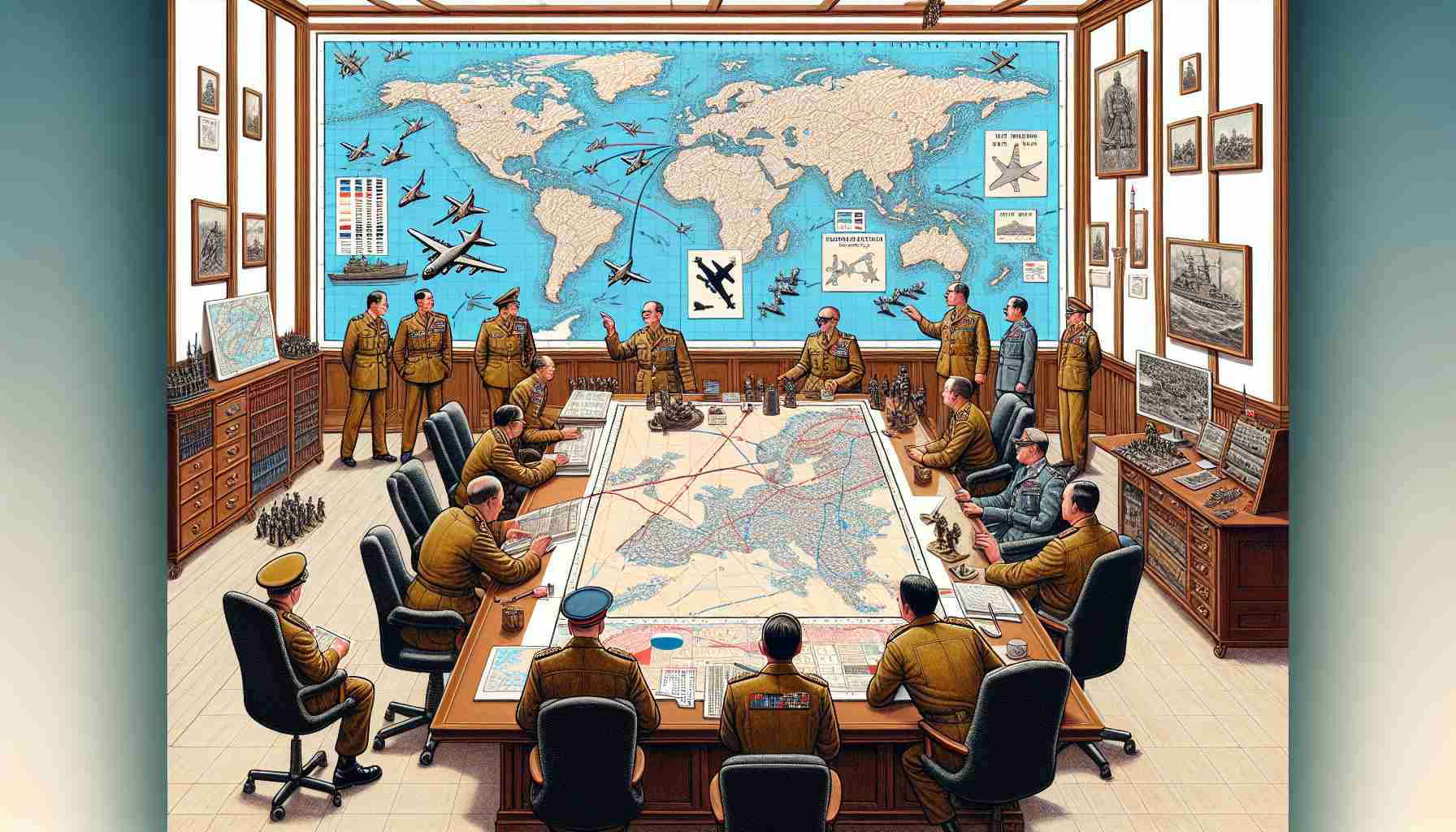 Detailed high-definition illustration of a hypothetical military strategy, suggesting a surprising approach. Please depict a war room with maps, figurines, and tools of strategy. Include military officials observing and discussing the strategy, but avoid identifying details about the nation or individuals involved.