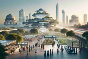 A high definition, realistic rendering of a futuristic concept for progress as revealed by a hypothetical University in an urban setting, similar to Delhi in cultural and architectural attributes. The visual should encompass progressive educational elements like advanced technology, green spaces for ecological sustainability, diverse group of students and faculty, and the blend of tradition and future in infrastructure. The atmosphere of the scene should reflect a sense of hope, growth and revolutionary thinking.