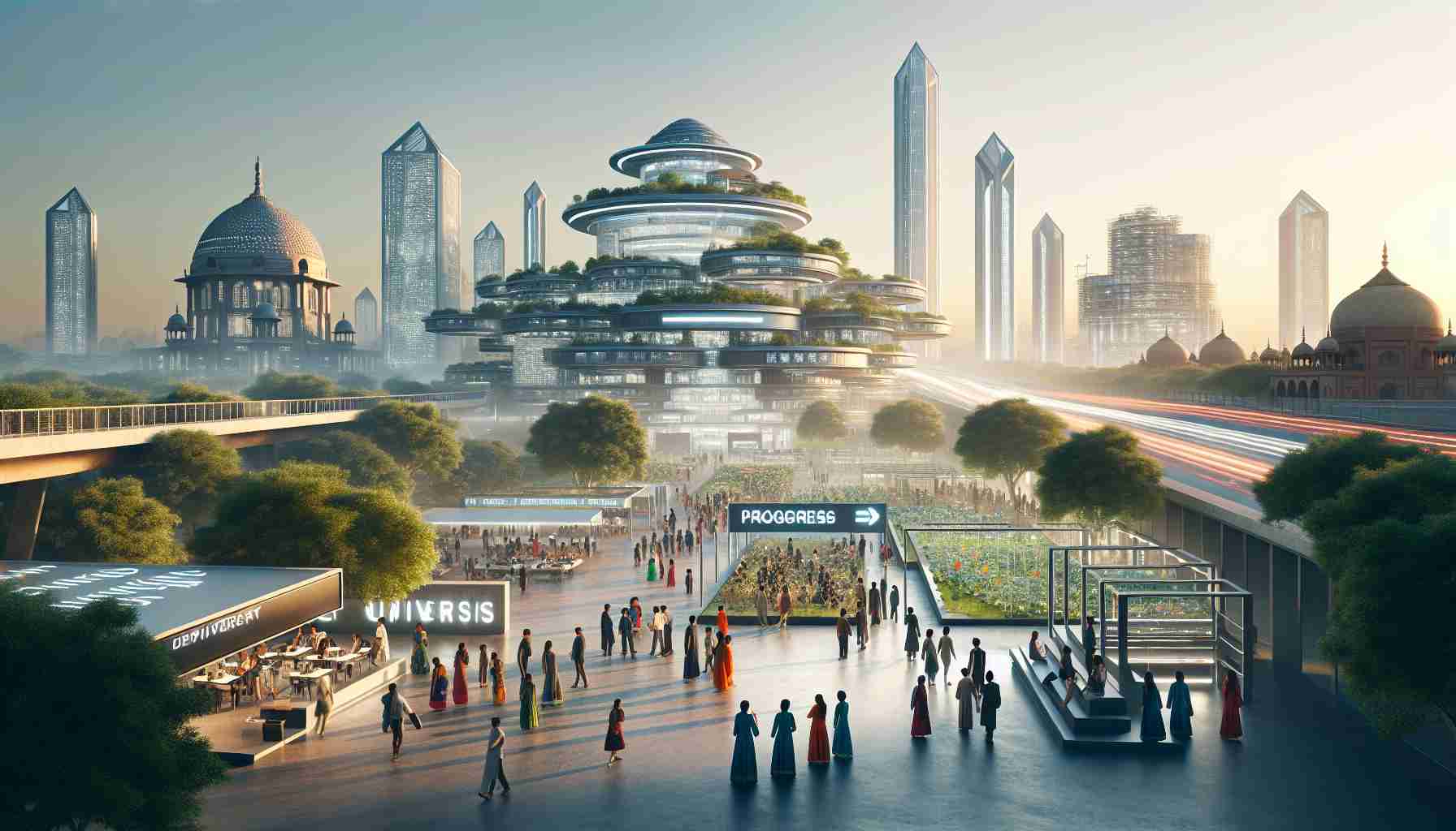 A high definition, realistic rendering of a futuristic concept for progress as revealed by a hypothetical University in an urban setting, similar to Delhi in cultural and architectural attributes. The visual should encompass progressive educational elements like advanced technology, green spaces for ecological sustainability, diverse group of students and faculty, and the blend of tradition and future in infrastructure. The atmosphere of the scene should reflect a sense of hope, growth and revolutionary thinking.