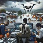 Generate a high-definition, realistic image depicting the impact of innovative technology during natural disasters. Show drones flying over a flooded area, transmitting real-time images to a team of diverse rescuers: a Caucasian woman using a tablet for coordination and planning, a Black man operating the drone controls, and a South Asian man interpreting the transmitted data. Have the backdrop consist of an emergency aid tent and various technological equipment scattered around.