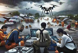 Generate a high-definition, realistic image depicting the impact of innovative technology during natural disasters. Show drones flying over a flooded area, transmitting real-time images to a team of diverse rescuers: a Caucasian woman using a tablet for coordination and planning, a Black man operating the drone controls, and a South Asian man interpreting the transmitted data. Have the backdrop consist of an emergency aid tent and various technological equipment scattered around.