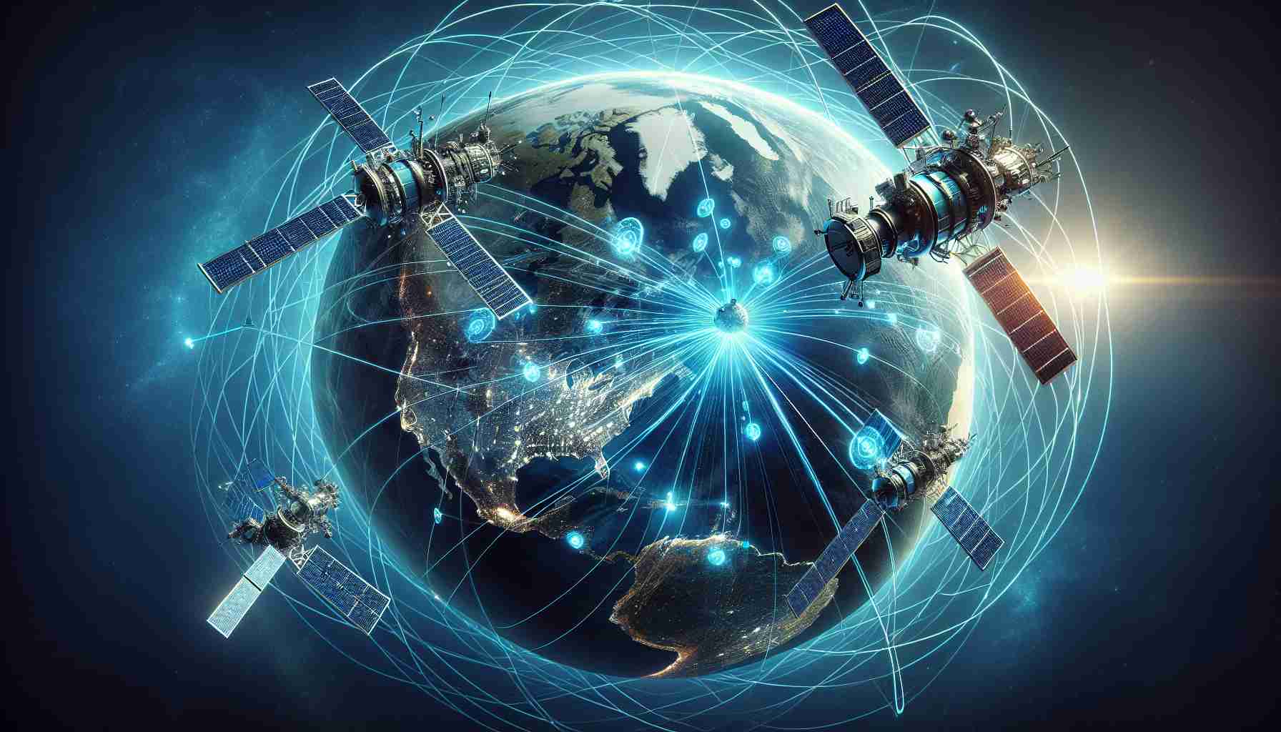 An incredibly detailed, high-definition illustration captures the concept of revolutionized global connectivity through innovative satellite networks. The image showcases a network of ultra-modern satellites, unbounded, crossing orbits in the vacuum of outer space. They are sleek and advanced, emitting strong visible beams linking one another, forming a grand, globe-encasing web against the backdrop of azure Earth. Representations of data transmissions — abstract symbols and equations — flow across these connections. Around the globe below, vibrant, pulsating hotspots indicate where these signals land, symbolizing the accessibility of information across various geographical locations.