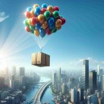 A high-resolution, realistic image, showing an intriguing scene where a delivery package ascends to unprecedented heights. Perhaps it is fastened to a handful of helium balloons, soaring above urban buildings, triggering curiosity among onlookers. The clear blue sky forms the backdrop, while the sunrays dapple through the multicolored balloons, offering a visually stunning scene.