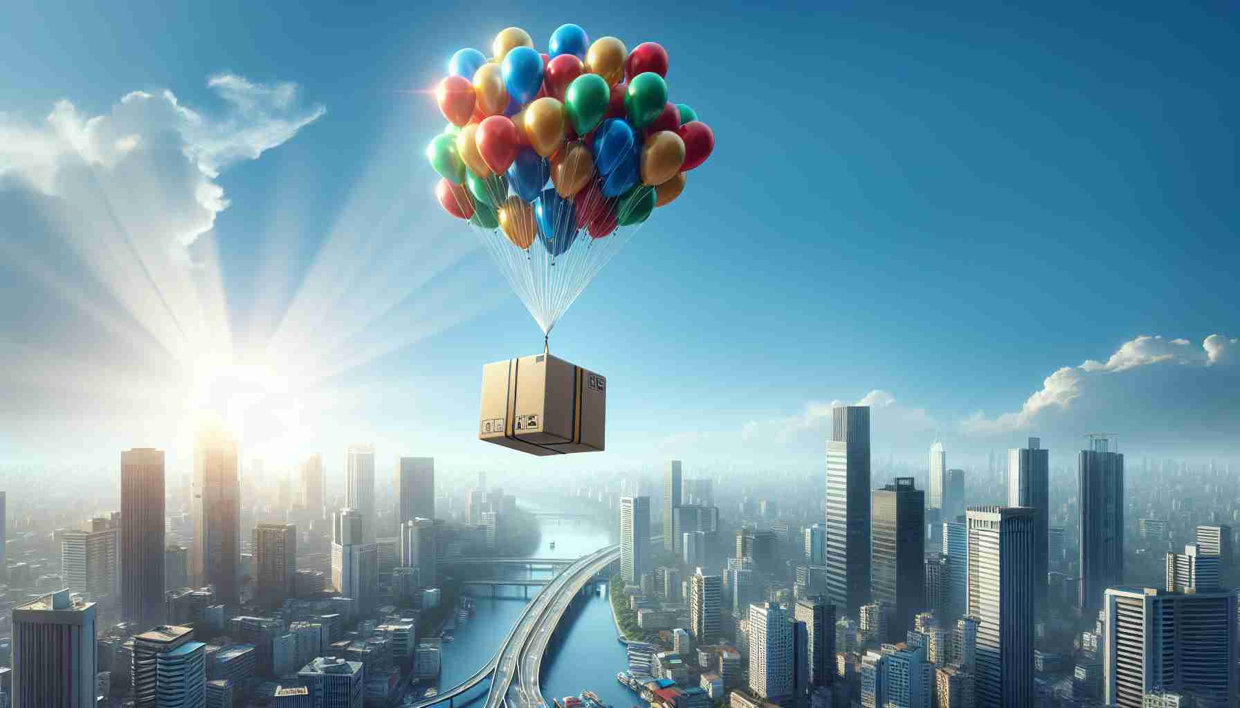 A high-resolution, realistic image, showing an intriguing scene where a delivery package ascends to unprecedented heights. Perhaps it is fastened to a handful of helium balloons, soaring above urban buildings, triggering curiosity among onlookers. The clear blue sky forms the backdrop, while the sunrays dapple through the multicolored balloons, offering a visually stunning scene.