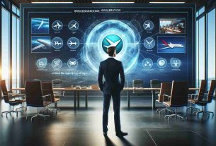 A realistic high definition image portraying groundbreaking airline collaboration with the merging of logos. The scene showcases an airline office environment with a Caucasian male airline executive standing near a 3D holographic projection, displaying the innovative new features promised. It includes advanced seat designs, sophisticated in-flight entertainment systems, and new airplane designs. Subtle emotions of excitement and anticipation fill the room.