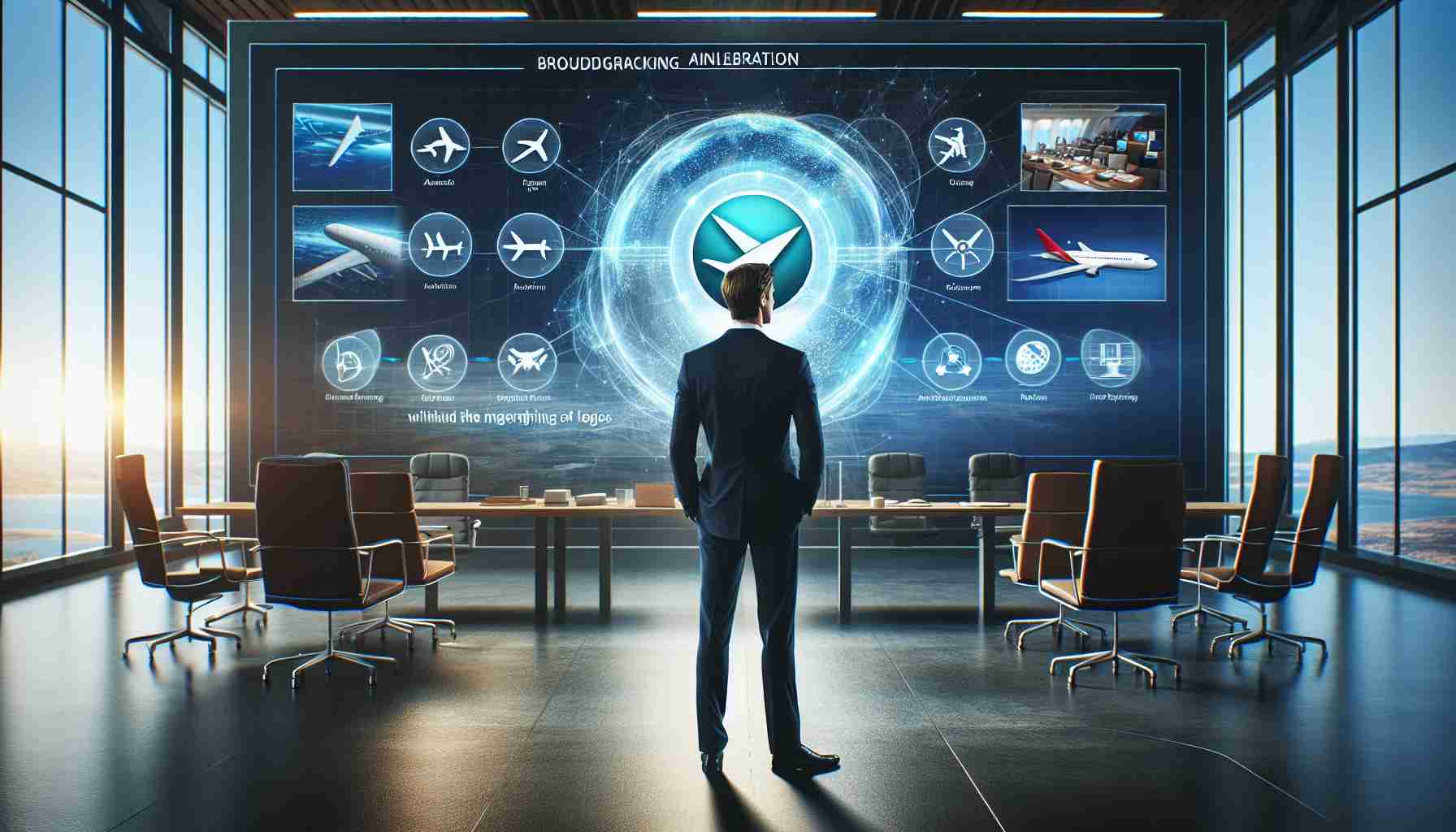 A realistic high definition image portraying groundbreaking airline collaboration with the merging of logos. The scene showcases an airline office environment with a Caucasian male airline executive standing near a 3D holographic projection, displaying the innovative new features promised. It includes advanced seat designs, sophisticated in-flight entertainment systems, and new airplane designs. Subtle emotions of excitement and anticipation fill the room.