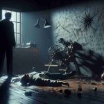 A high definition, realistic image depicting a dramatic scene in which the sinister plot of a crazed intruder is laid bare in a shocking incident. In this dark, suspenseful atmosphere, you see cryptic messages on the wall, a shadowy male figure Caucasian in descent, highlighted in the faint light, with a strange contraption that suggests an impending calamity. Forensic clues scattered across the room evoke a feeling of dread and prevailing uncertainty.