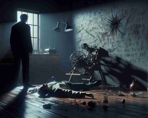 A high definition, realistic image depicting a dramatic scene in which the sinister plot of a crazed intruder is laid bare in a shocking incident. In this dark, suspenseful atmosphere, you see cryptic messages on the wall, a shadowy male figure Caucasian in descent, highlighted in the faint light, with a strange contraption that suggests an impending calamity. Forensic clues scattered across the room evoke a feeling of dread and prevailing uncertainty.