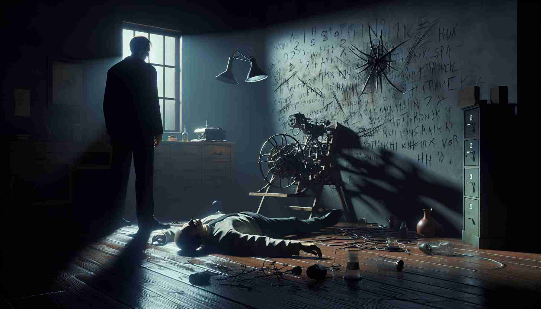 A high definition, realistic image depicting a dramatic scene in which the sinister plot of a crazed intruder is laid bare in a shocking incident. In this dark, suspenseful atmosphere, you see cryptic messages on the wall, a shadowy male figure Caucasian in descent, highlighted in the faint light, with a strange contraption that suggests an impending calamity. Forensic clues scattered across the room evoke a feeling of dread and prevailing uncertainty.