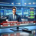 Render a realistic, high-definition image of a television screen displaying a breaking news segment. The headline reads, 'Shocking Returns of Key Players for Crucial Game!' Include visual elements such as a news anchor delivering the story, a newsroom setting, graphics related to the story, and a lower third graphics ticker with additional information.