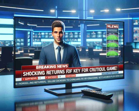 Render a realistic, high-definition image of a television screen displaying a breaking news segment. The headline reads, 'Shocking Returns of Key Players for Crucial Game!' Include visual elements such as a news anchor delivering the story, a newsroom setting, graphics related to the story, and a lower third graphics ticker with additional information.