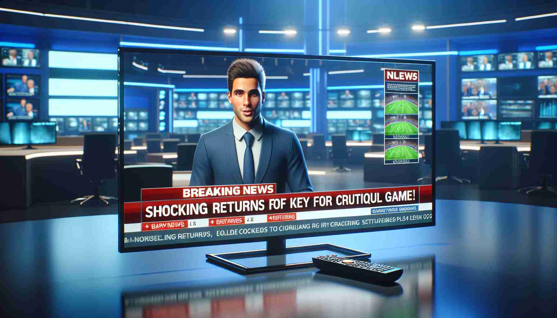 Render a realistic, high-definition image of a television screen displaying a breaking news segment. The headline reads, 'Shocking Returns of Key Players for Crucial Game!' Include visual elements such as a news anchor delivering the story, a newsroom setting, graphics related to the story, and a lower third graphics ticker with additional information.