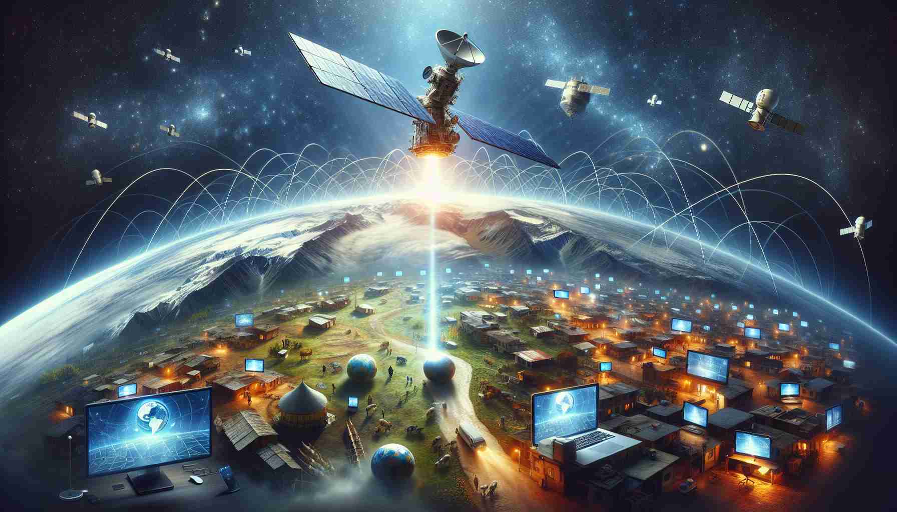 Imagine a highly detailed, realistic scene embodying the essence of revolutionizing connectivity with satellite internet technology. The scene could include a modern satellite in the vast expanse of space, a strong beam of connection linking it to the earth below. Around the world, diverse locations - a remote mountain village in South Asia, a bustling Middle-Eastern city street, a high-tech office in Europe - illustrate this global connection. We can see digital devices like laptops, smartphones connected to the internet showing the reach of this new technology. The image should be rendered in photorealistic quality to accurately represent the scale and impact of this evolution in internet technology.