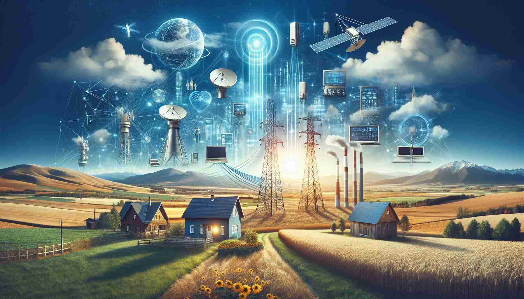 Create a highly-detailed, realistic image depicting a variety of faster internet options for rural residents. Include visual cues such as satellites, wireless towers, fiber optic cables, and cutting-edge modem-routers. Surround these technology elements with characteristic rural scenery like open fields, farms, mountains, and rustic homes. Show a clear azure sky to indicate the extensive reach of the technology and a sunny day to symbolize hope and progress. Finally, embody this scene onto a vibrant, crisp HD-quality image.