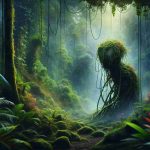 Create a hyper-realistic, high-definition image of a mysterious creature, never before seen to human eyes, revealed in the lush, dense heart of a remote, uncharted jungle. The creature is a distinctive fusion of uncommon traits, yet it maintains a harmony with its tropical ecosystem. Vines hang from towering trees, a misty haze blankets the floor, and vibrant flowers pepper the deep green foliage, creating a sense of both mystery and awe.