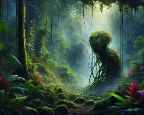 Create a hyper-realistic, high-definition image of a mysterious creature, never before seen to human eyes, revealed in the lush, dense heart of a remote, uncharted jungle. The creature is a distinctive fusion of uncommon traits, yet it maintains a harmony with its tropical ecosystem. Vines hang from towering trees, a misty haze blankets the floor, and vibrant flowers pepper the deep green foliage, creating a sense of both mystery and awe.