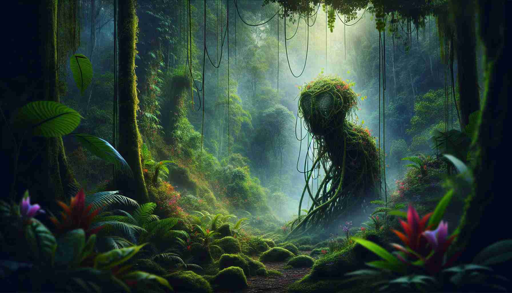 Create a hyper-realistic, high-definition image of a mysterious creature, never before seen to human eyes, revealed in the lush, dense heart of a remote, uncharted jungle. The creature is a distinctive fusion of uncommon traits, yet it maintains a harmony with its tropical ecosystem. Vines hang from towering trees, a misty haze blankets the floor, and vibrant flowers pepper the deep green foliage, creating a sense of both mystery and awe.