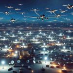 A realistic, high-definition illustration of numerous unmanned aerial vehicles flying in the night sky, reflecting increased use of such drones. These automated aircraft are seeking out military compounds located in a vast land, presumably inferring drone strikes. An array of buildings, satellite dishes, and military vehicles on the ground is noticeably disrupted, with lights flickering on and off, hinting at interrupted operations.