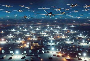 A realistic, high-definition illustration of numerous unmanned aerial vehicles flying in the night sky, reflecting increased use of such drones. These automated aircraft are seeking out military compounds located in a vast land, presumably inferring drone strikes. An array of buildings, satellite dishes, and military vehicles on the ground is noticeably disrupted, with lights flickering on and off, hinting at interrupted operations.