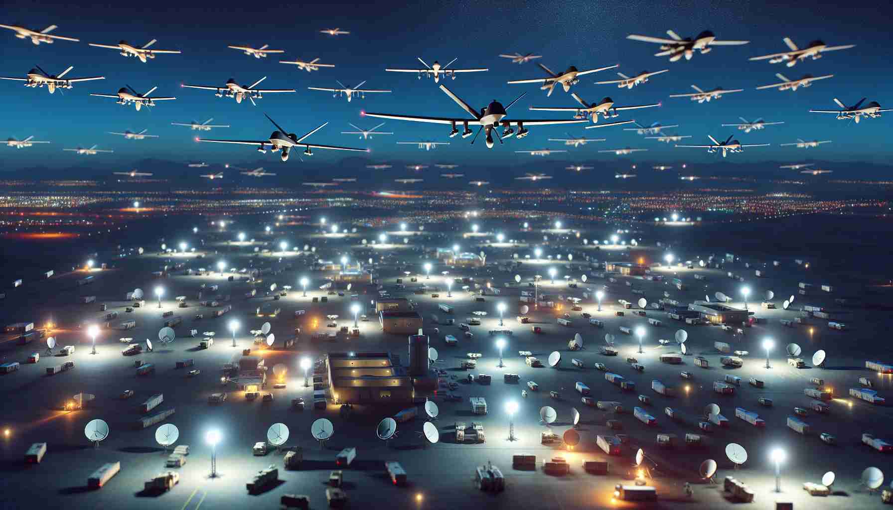 A realistic, high-definition illustration of numerous unmanned aerial vehicles flying in the night sky, reflecting increased use of such drones. These automated aircraft are seeking out military compounds located in a vast land, presumably inferring drone strikes. An array of buildings, satellite dishes, and military vehicles on the ground is noticeably disrupted, with lights flickering on and off, hinting at interrupted operations.