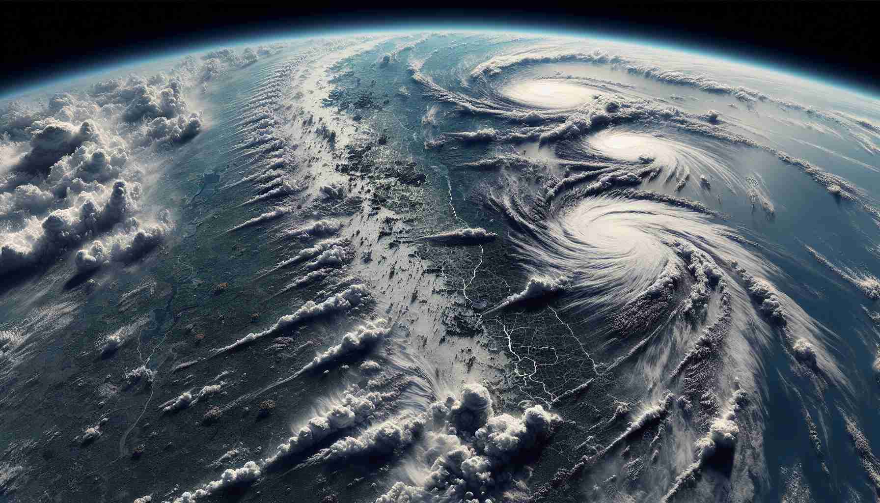 High-definition, realistic satellite images revealing the aftermath of recent severe storms. The images should accurately depict the extent of the damages caused by the storms, showing recognizable changes in the landscape such as possible flooding areas, ravaged forests, destroyed infrastructure, and shifts in landforms. The images should also represent the varying meteorological conditions created by the storms, including thick cloud formations, violent wind patterns, abundant precipitation, and diverse atmospheric conditions.