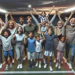 Realistic high definition image portraying an amateur family sports team triumphantly breaking records on a sports field. The team consists of multi-generational family members from granparents to teenagers, all of different descents such as Caucasian, Black, Middle-Eastern, South Asian, and Hispanic, representing both genders. Their expressions are filled with joy, accomplishment and wonderment, as they celebrate the incredible feat of breaking all previous records. The expanse of the sports field, with lines painted and stadium lights illuminating the evening sky, is seen in the background.