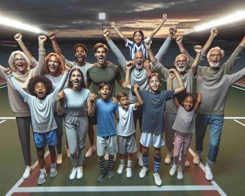 Realistic high definition image portraying an amateur family sports team triumphantly breaking records on a sports field. The team consists of multi-generational family members from granparents to teenagers, all of different descents such as Caucasian, Black, Middle-Eastern, South Asian, and Hispanic, representing both genders. Their expressions are filled with joy, accomplishment and wonderment, as they celebrate the incredible feat of breaking all previous records. The expanse of the sports field, with lines painted and stadium lights illuminating the evening sky, is seen in the background.