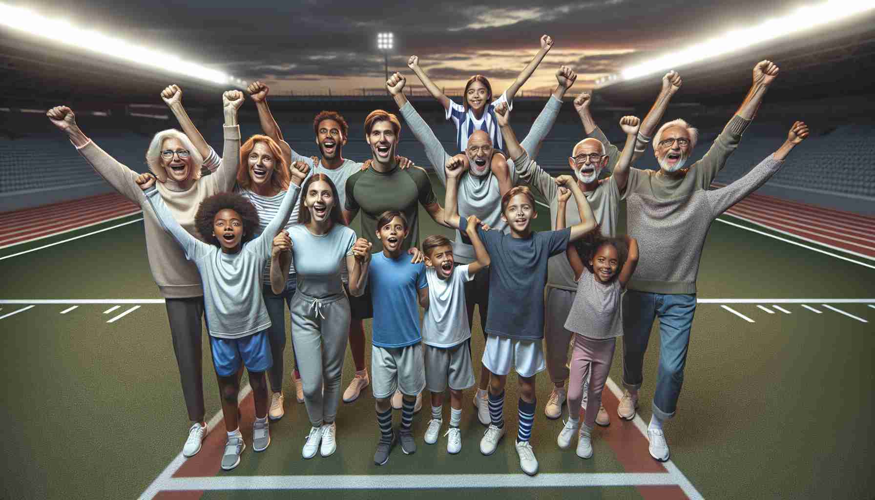 Realistic high definition image portraying an amateur family sports team triumphantly breaking records on a sports field. The team consists of multi-generational family members from granparents to teenagers, all of different descents such as Caucasian, Black, Middle-Eastern, South Asian, and Hispanic, representing both genders. Their expressions are filled with joy, accomplishment and wonderment, as they celebrate the incredible feat of breaking all previous records. The expanse of the sports field, with lines painted and stadium lights illuminating the evening sky, is seen in the background.