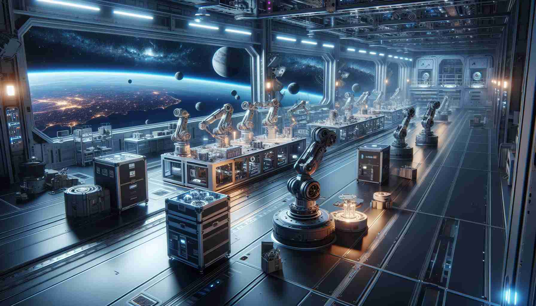 A realistic high-definition image showcasing the revolution in space manufacturing through innovative practices. The scene could depict a modern, high-tech manufacturing unit located in space, filled with robots and automated machinery that are efficiently constructing parts for spacecrafts, satellites or other space-utilized tools. The environment should reflect zero-gravity conditions, with items floating around, and the distant view of stars and galaxies through the window. The overall vibe should be futuristic, emphasizing the sophistication and advancement in technology.