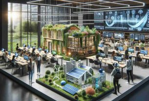 A realistic, high-definition image depicting an innovative concept of architectural education geared towards a sustainable future. The scene shows an environmentally-friendly architecture classroom with students of diverse descents and genders engaged in learning about sustainable design practices. Models of eco-friendly housing, buildings covered in greenery, and solar and wind energy systems are present. VR technology is also incorporated, providing a hands-on, immersive learning experience. The classroom is located in a modern, glass-walled building to allow natural light, further emphasizing sustainability.