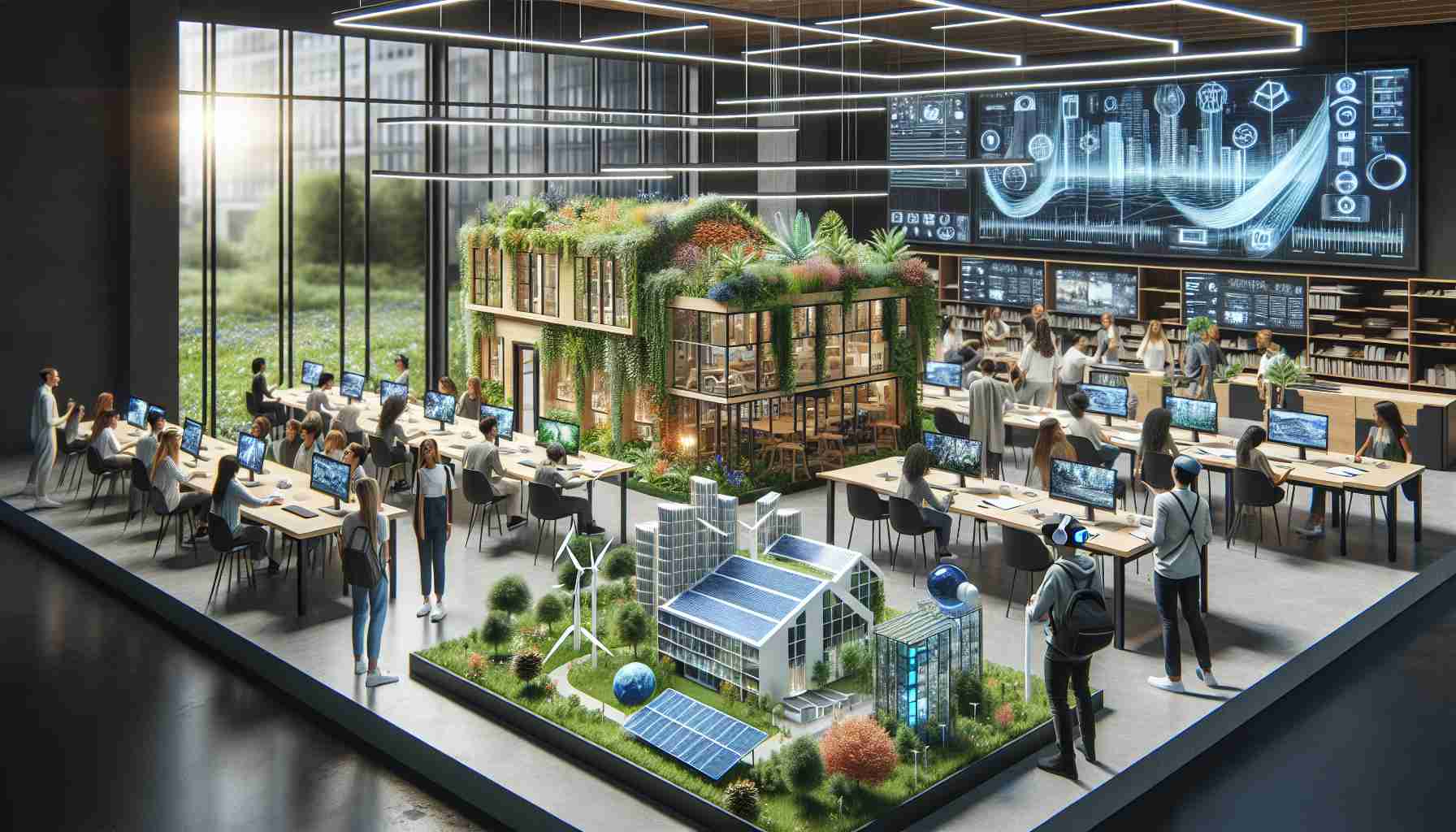 A realistic, high-definition image depicting an innovative concept of architectural education geared towards a sustainable future. The scene shows an environmentally-friendly architecture classroom with students of diverse descents and genders engaged in learning about sustainable design practices. Models of eco-friendly housing, buildings covered in greenery, and solar and wind energy systems are present. VR technology is also incorporated, providing a hands-on, immersive learning experience. The classroom is located in a modern, glass-walled building to allow natural light, further emphasizing sustainability.