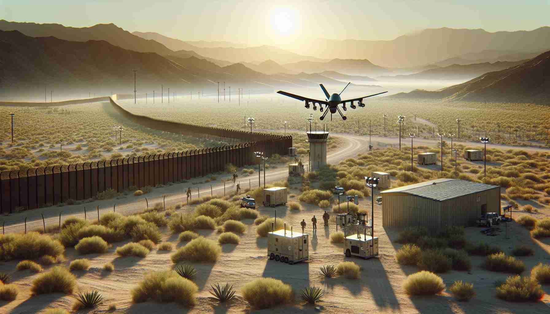 Generate a high-definition, realistic image that portrays a hypothetical border security enhancement scenario in a generic indeed. The scene could include advanced technology such as drones, surveillance cameras, or biometric devices, alongside traditional methods such as fences or patrol guards. Show clear skies with the sun shining down upon the border terrain; undefined rolling hills covered in sparse desert vegetation stretching off into the distance; the peaceful while vigilant atmosphere of a border post on a calm day. Make sure to not include any national symbols, logos, or recognizable landmarks.