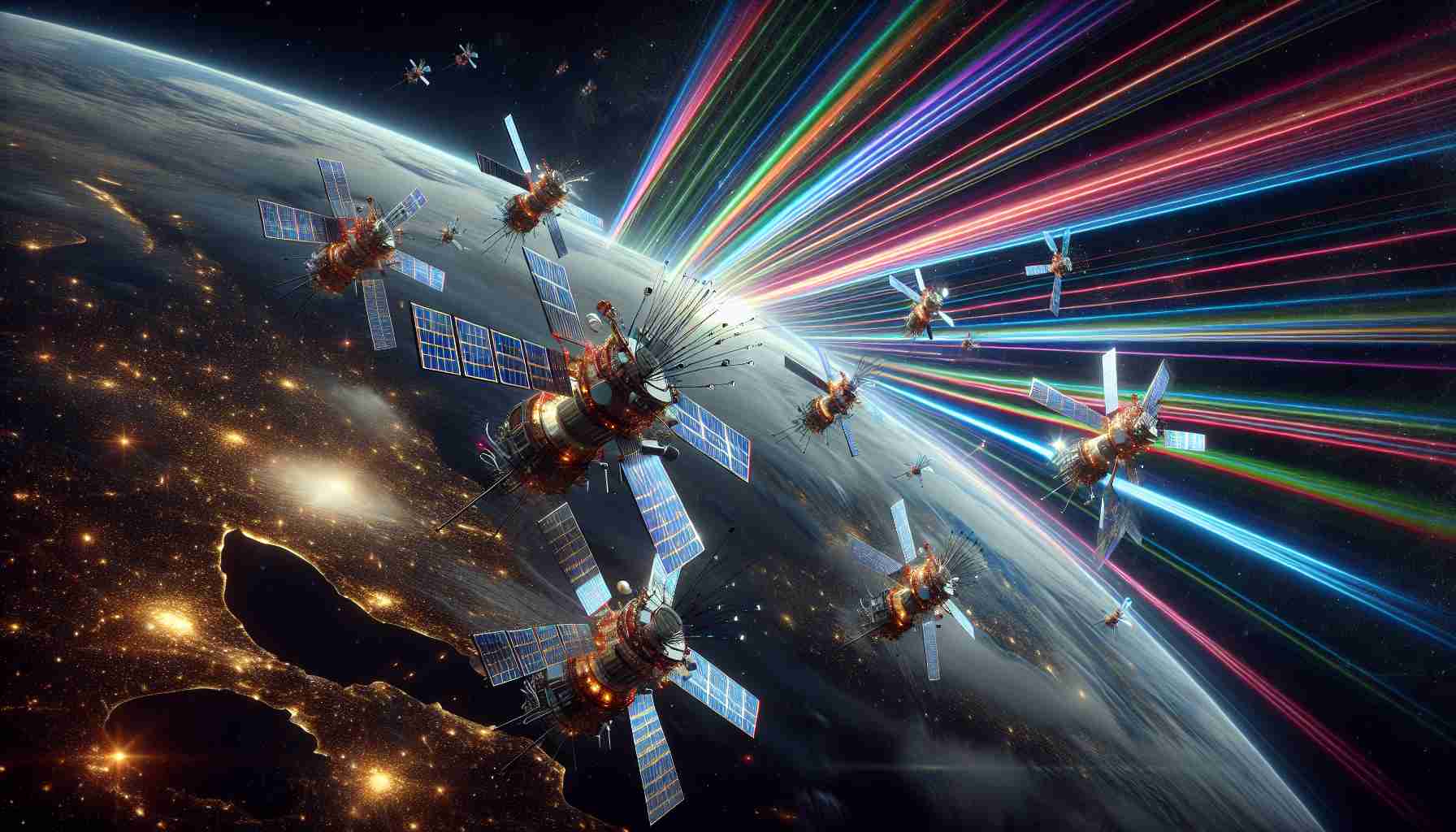 An HD image that shows a visualization of the concept of revolutionizing satellite communication spectrum allocation. There should be multiple satellites in outer space with beams of various colors indicating different spectrums streaming out from them. They are distributing these spectrums in an effective, innovative manner. The Earth should be visible in the picture, showing the global reach of these satellites. The surrounding space filled with starts, nebulae, and possibly other celestial bodies. The overall look and feel should be realistic.