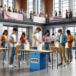 An image depicting a high-definition realistic scene in a college setting. It showcases several empowered students of diverse descents and gender. They are engaged in the act of voting, appreciating the convenience given to them. In the scene, you can see various students, some standing in line, others depositing ballot papers into a voting box. There are also volunteers who are working diligently, providing necessary assistance and ensuring the process goes smoothly. The environment is cheerful, with banners and posters promoting the importance of voting and democracy.