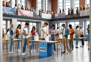 An image depicting a high-definition realistic scene in a college setting. It showcases several empowered students of diverse descents and gender. They are engaged in the act of voting, appreciating the convenience given to them. In the scene, you can see various students, some standing in line, others depositing ballot papers into a voting box. There are also volunteers who are working diligently, providing necessary assistance and ensuring the process goes smoothly. The environment is cheerful, with banners and posters promoting the importance of voting and democracy.