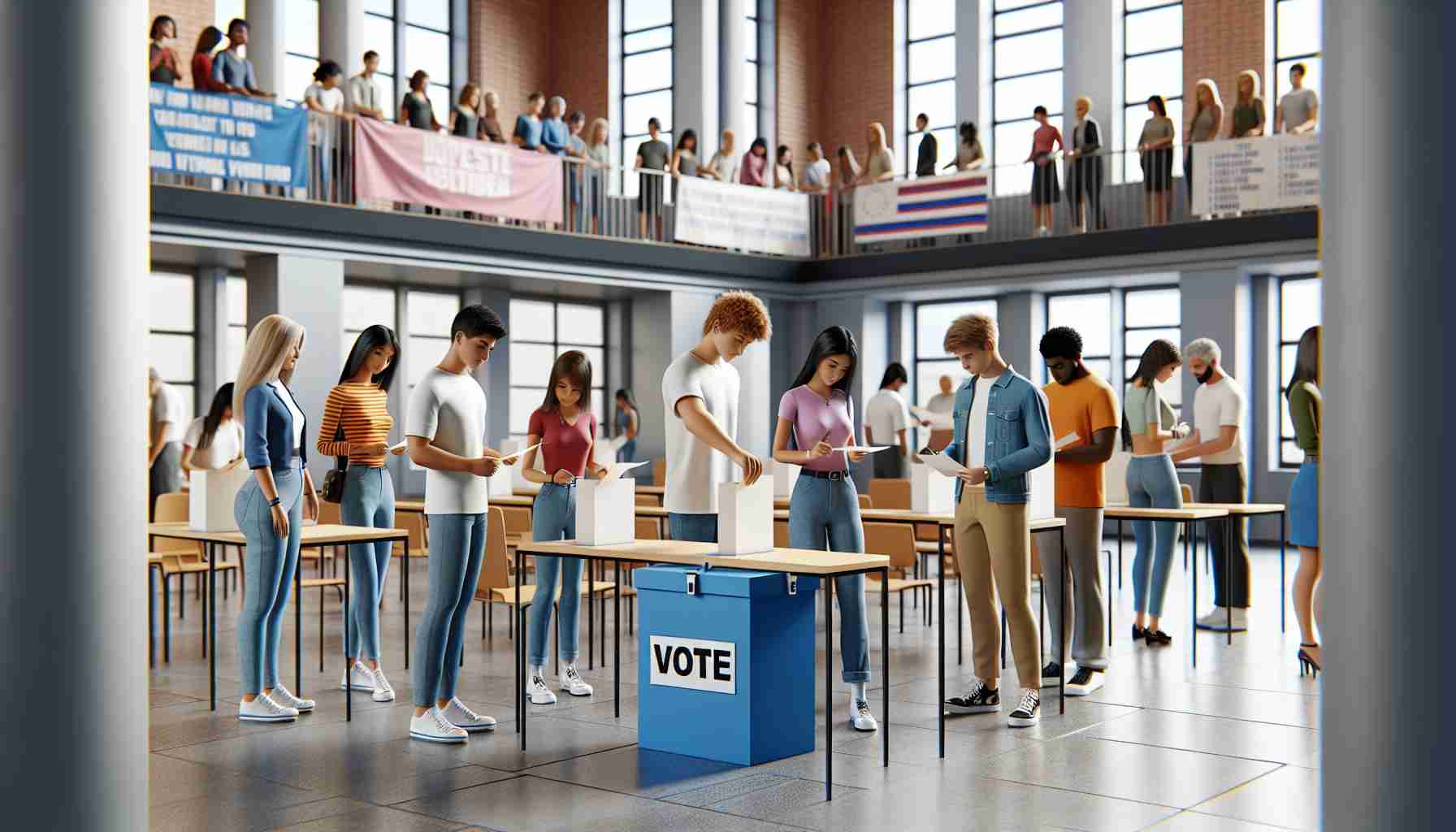 An image depicting a high-definition realistic scene in a college setting. It showcases several empowered students of diverse descents and gender. They are engaged in the act of voting, appreciating the convenience given to them. In the scene, you can see various students, some standing in line, others depositing ballot papers into a voting box. There are also volunteers who are working diligently, providing necessary assistance and ensuring the process goes smoothly. The environment is cheerful, with banners and posters promoting the importance of voting and democracy.