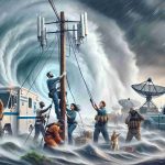 A high-definition, realistic image depicting a scenario of ensuring connectivity during a natural disaster. The scene unfolds during a hurricane, with strong winds and heavy rain visible in the background. In the foreground, a team of emergency personnel, comprised of mixed races and genders, i.e. a South Asian woman and a White man, are erecting a temporary communication mast. They're bracing against the storm, demonstrating determination and teamwork. Near them is a truck with a satellite dish, symbolizing advanced communication technology that stays operational even in such difficult conditions.