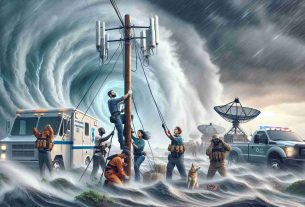 A high-definition, realistic image depicting a scenario of ensuring connectivity during a natural disaster. The scene unfolds during a hurricane, with strong winds and heavy rain visible in the background. In the foreground, a team of emergency personnel, comprised of mixed races and genders, i.e. a South Asian woman and a White man, are erecting a temporary communication mast. They're bracing against the storm, demonstrating determination and teamwork. Near them is a truck with a satellite dish, symbolizing advanced communication technology that stays operational even in such difficult conditions.