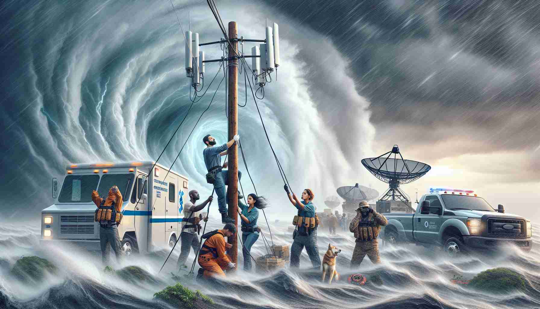 A high-definition, realistic image depicting a scenario of ensuring connectivity during a natural disaster. The scene unfolds during a hurricane, with strong winds and heavy rain visible in the background. In the foreground, a team of emergency personnel, comprised of mixed races and genders, i.e. a South Asian woman and a White man, are erecting a temporary communication mast. They're bracing against the storm, demonstrating determination and teamwork. Near them is a truck with a satellite dish, symbolizing advanced communication technology that stays operational even in such difficult conditions.