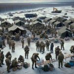 A high-definition, realistic depiction of an international military support scene. There are troops, unidentified by nationality, engaged in disaster relief efforts in a Russian landscape. They are busily setting up tents, distributing food, and assisting residents. The troops are dressed in camouflage uniforms, complete with protective gear and helmets, reflecting the seriousness of the situation. The background reveals the vast Siberian wilderness, a mix of snow-covered fields and dense forests. One can also notice a few heavy machinery for clearing debris, amidst the bustle of the relief camp.